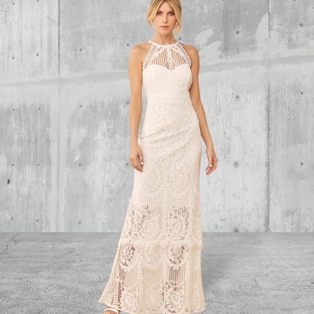 Lulus Magic in the Moment Off White Lace Tiered Maxi Dress Halter Bridal XL New